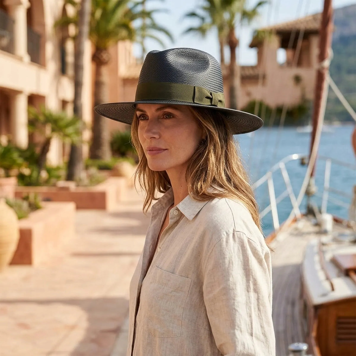 Black Woven Straw Fedora Hat with Ribbon Band for Summer
