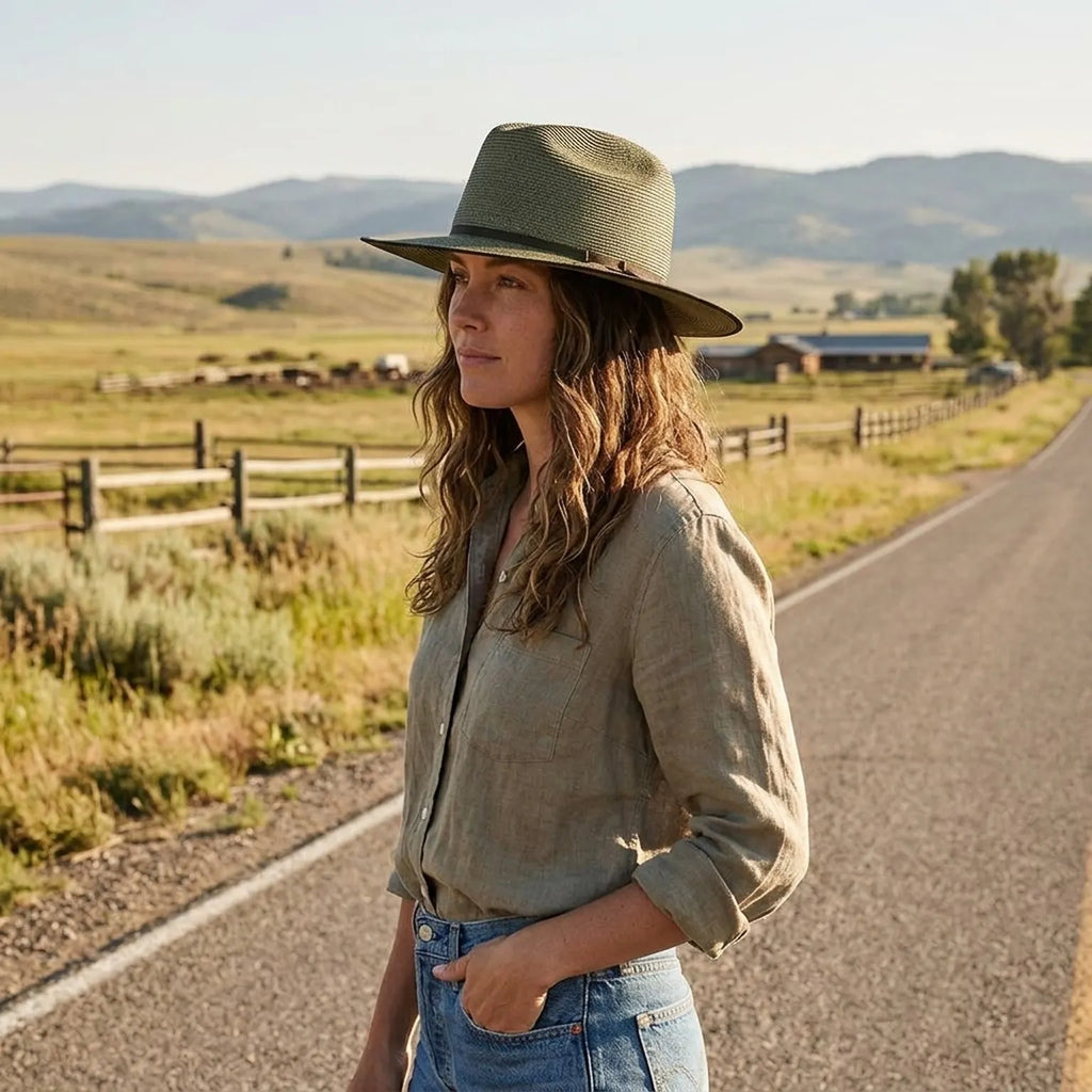 Olive Green Panama Hat in Straw with Bound Edge Detail