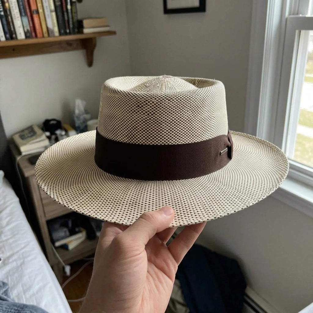 Unisex Two Tone Straw Panama Hat with Brown Ribbon Band