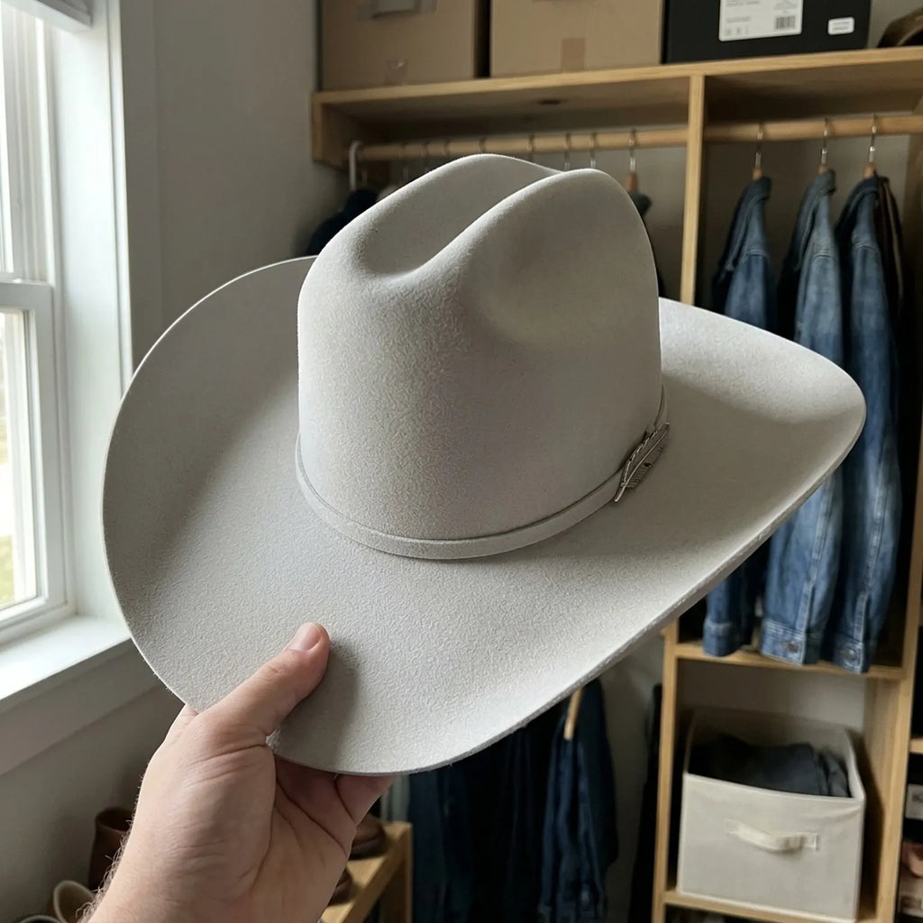Ivory Wool Felt Western Hat with Matching Leather Band Detail