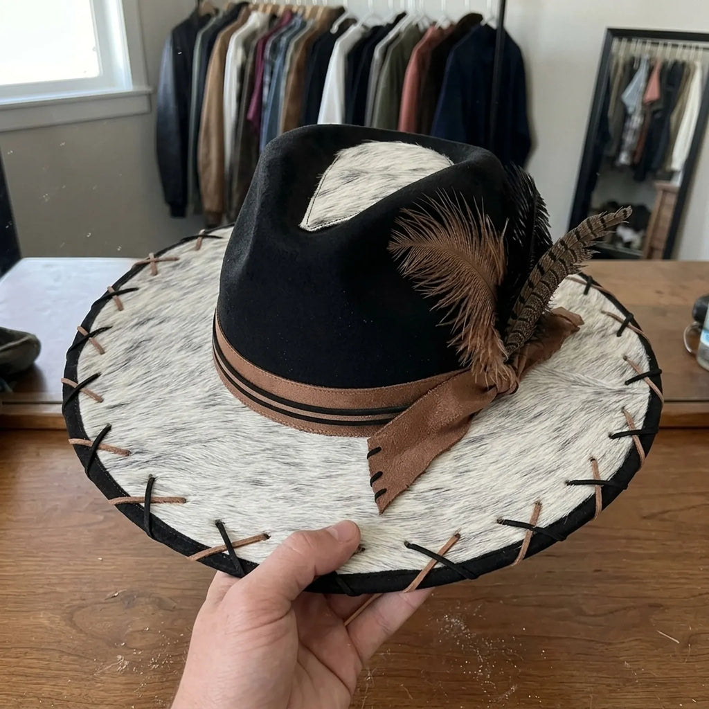 Black Felt Western Hat Cowhide Brim Brown Feather Trio