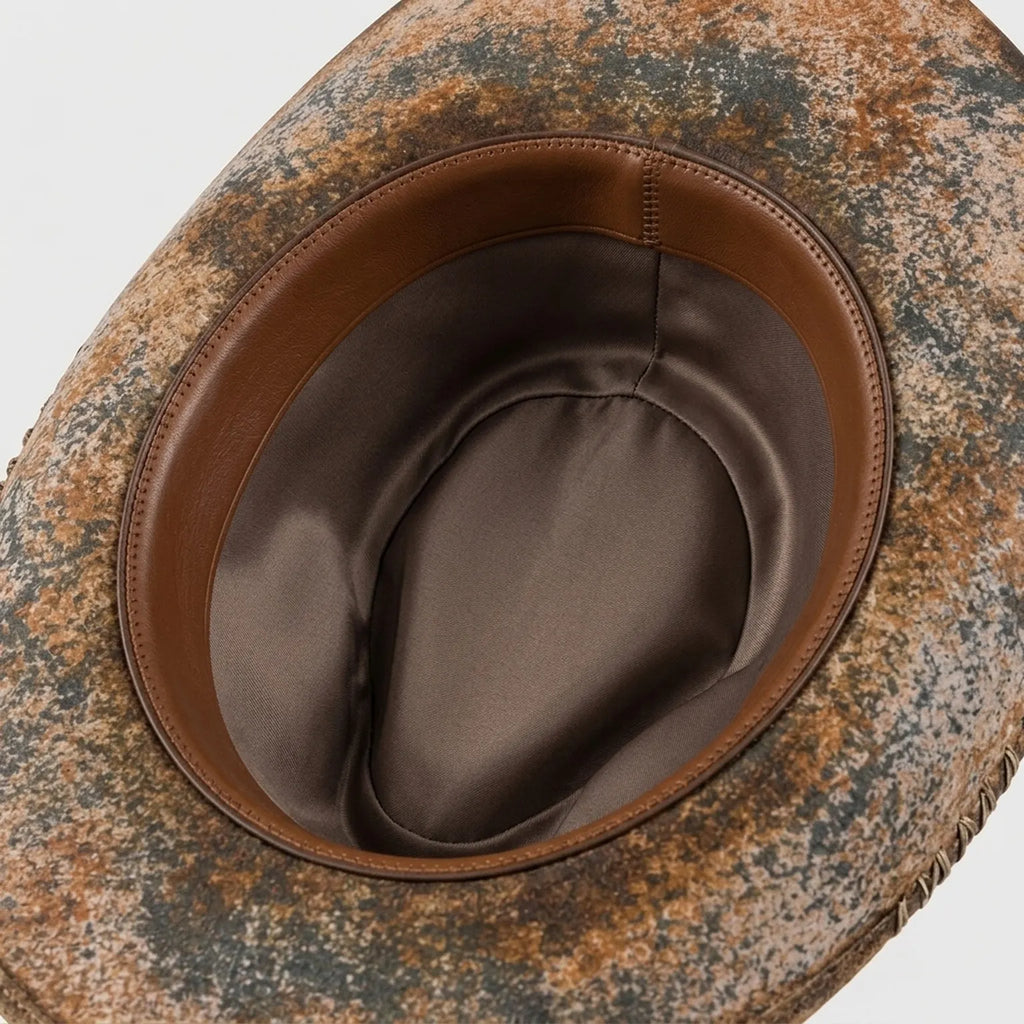 Weathered Brown Cowboy Hat with Paisley Bandana and Stitching