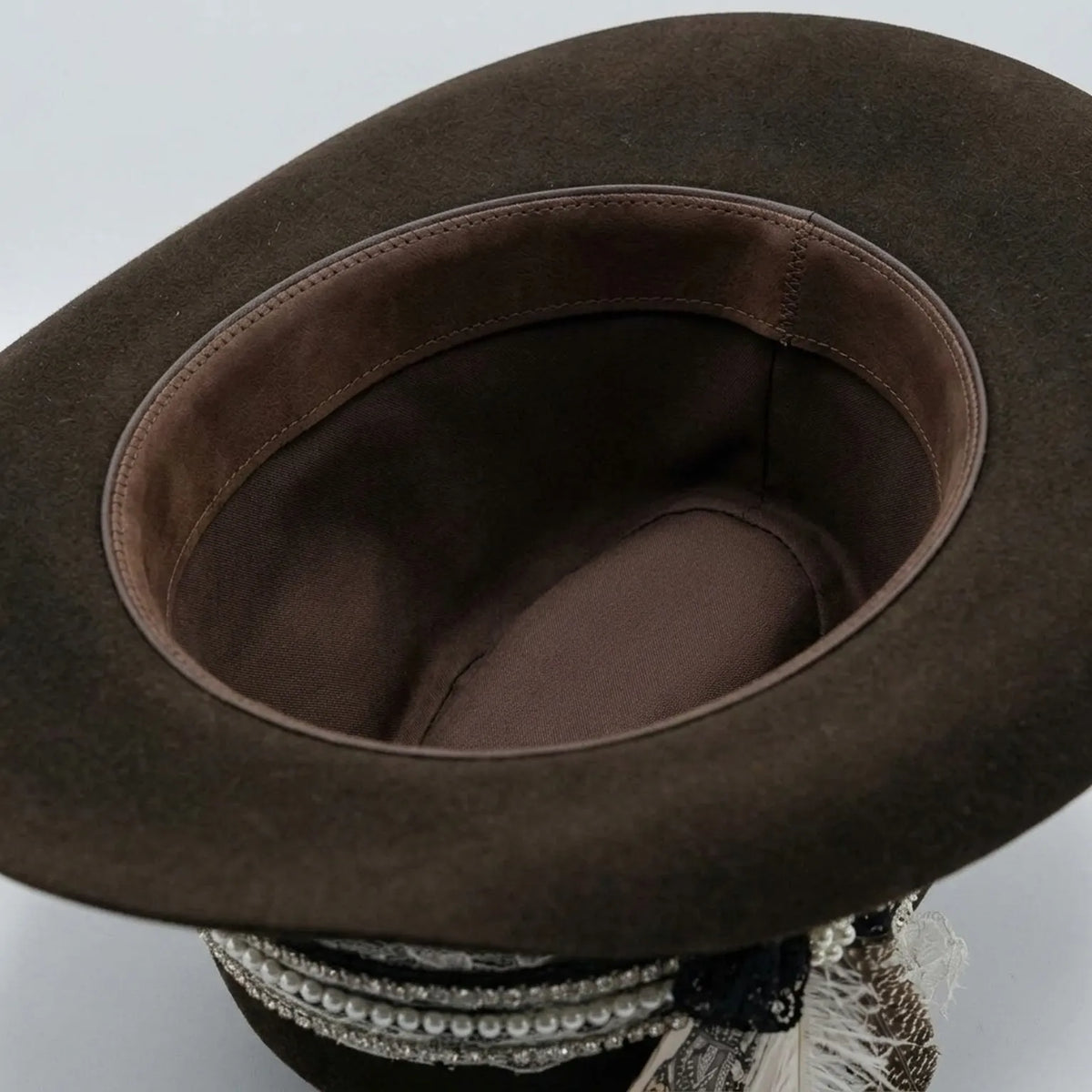 Dark Brown Fedora with Pearls, Lace, Feathers and Playing Cards