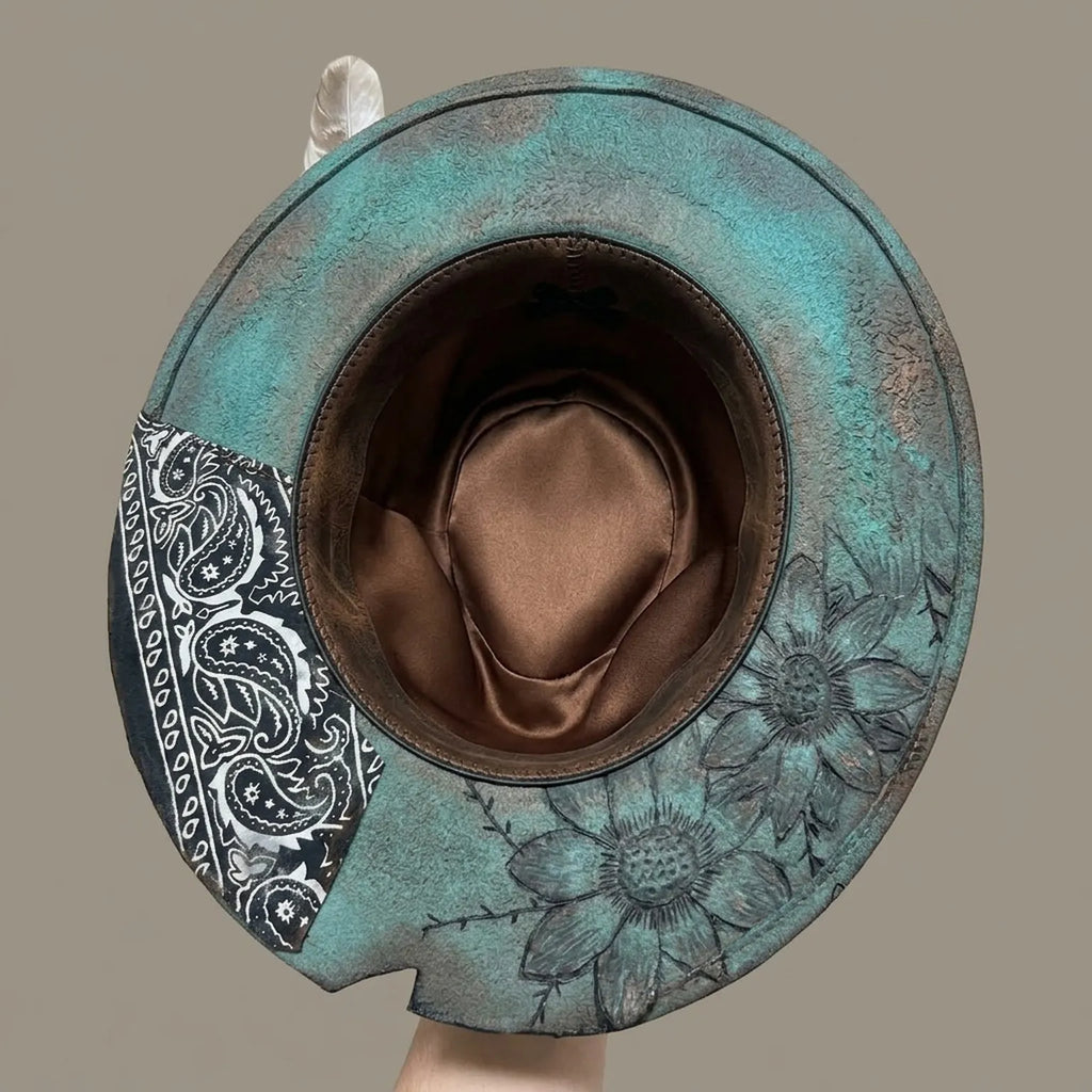 Teal Western Hat with Paisley Brim, Floral Embroidery, and Pearls