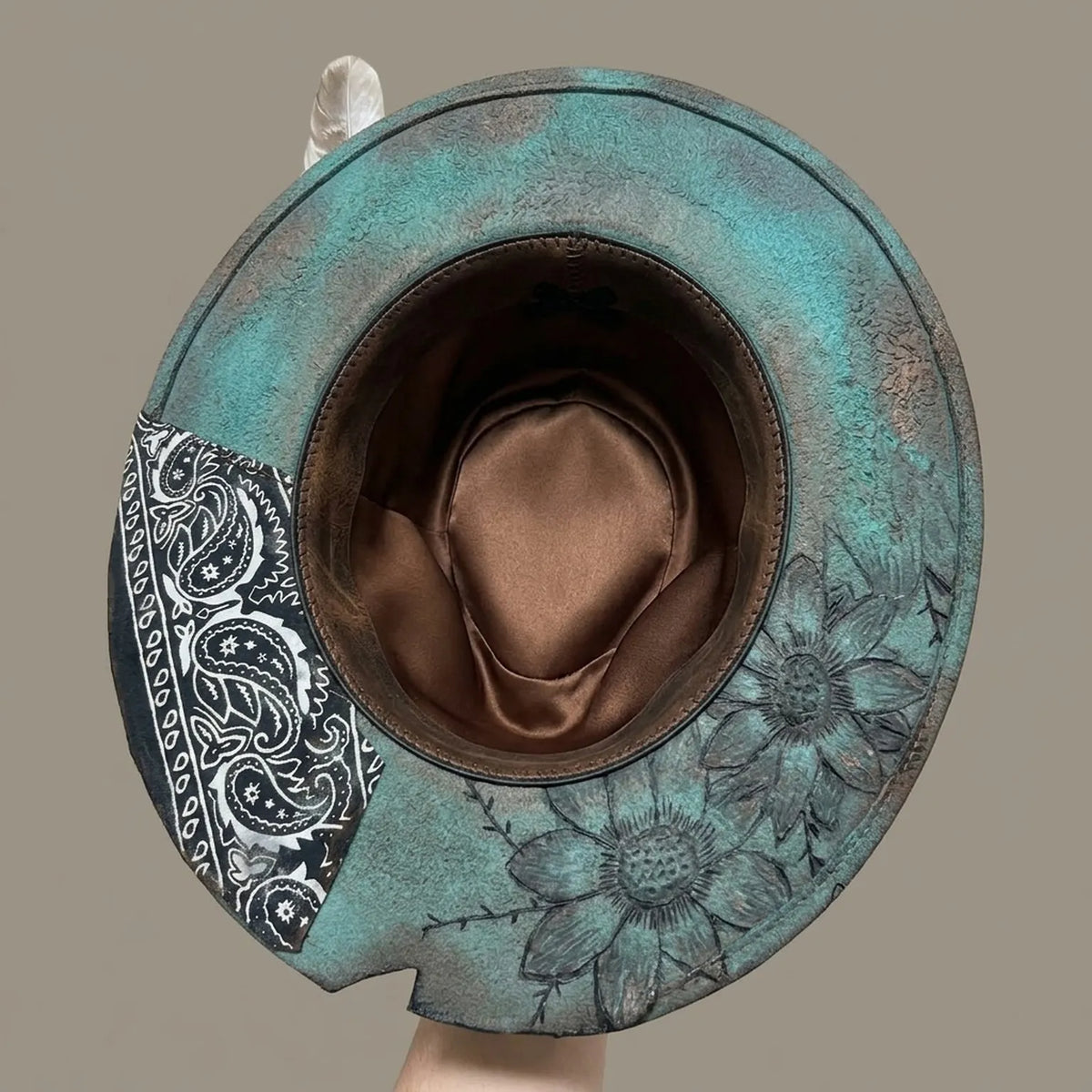 Teal Western Hat with Paisley Brim, Floral Embroidery, and Pearls