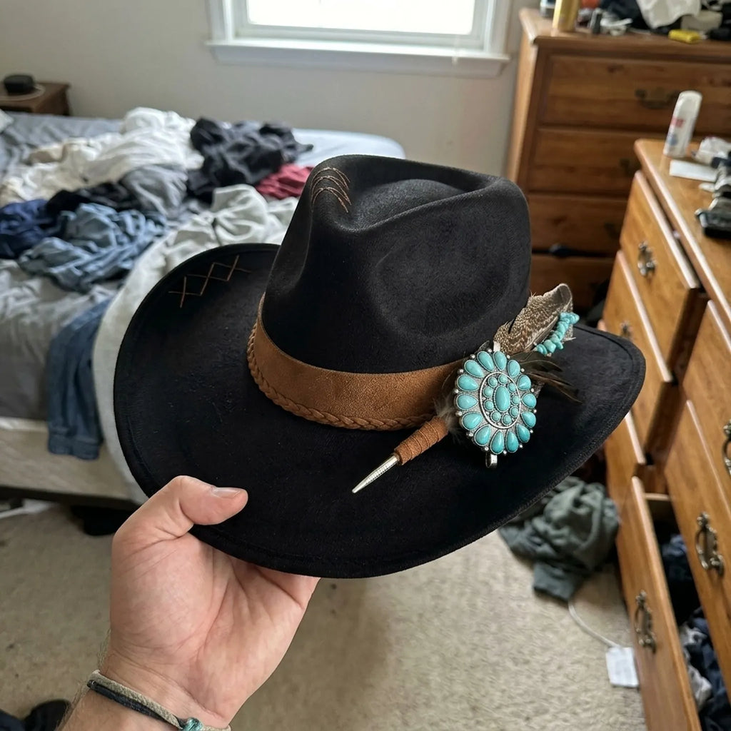 Black Felt Cowboy Hat Turquoise Concho Feather Western