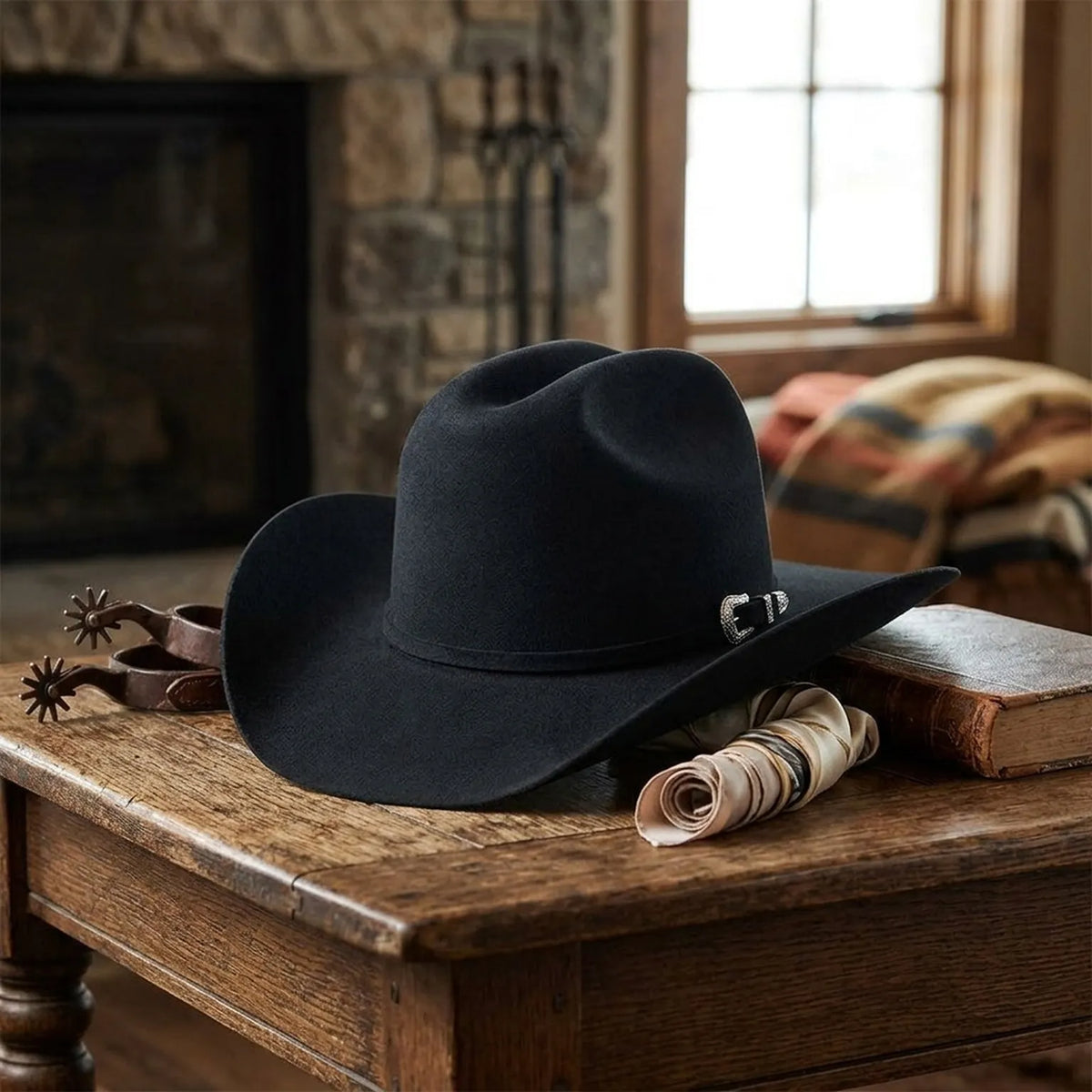 Navy Blue Felt Cowboy Hat with Pinched Crown and Wide Brim