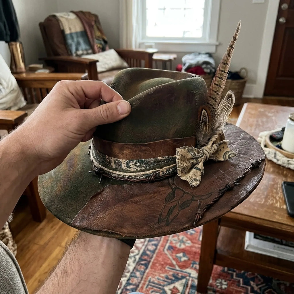 Olive Patchwork Fedora with Barbed Wire and Paisley Band