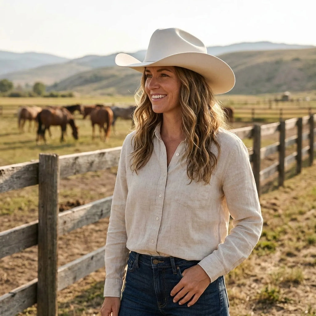 Cream White Felt Cowboy Hat with Tall Pinched Crown and Curled Brim