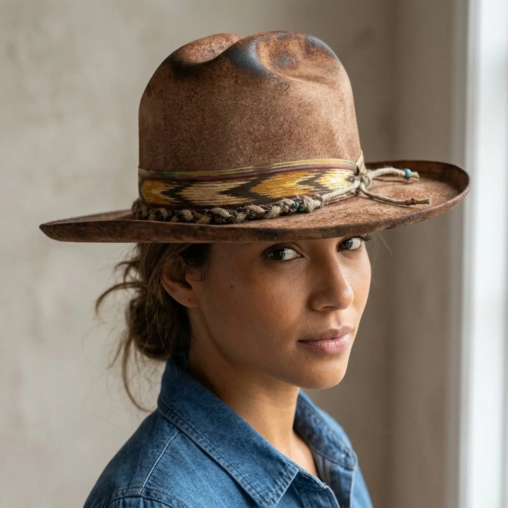 Boho Western Hat with Ikat Woven Band and Braided Trim
