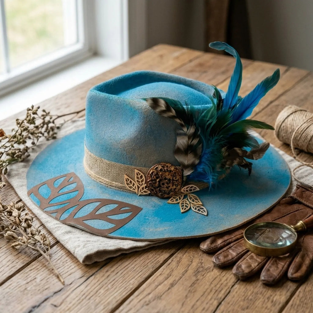 Turquoise Felt Fedora With Bronze Filigree And Blue Feathers