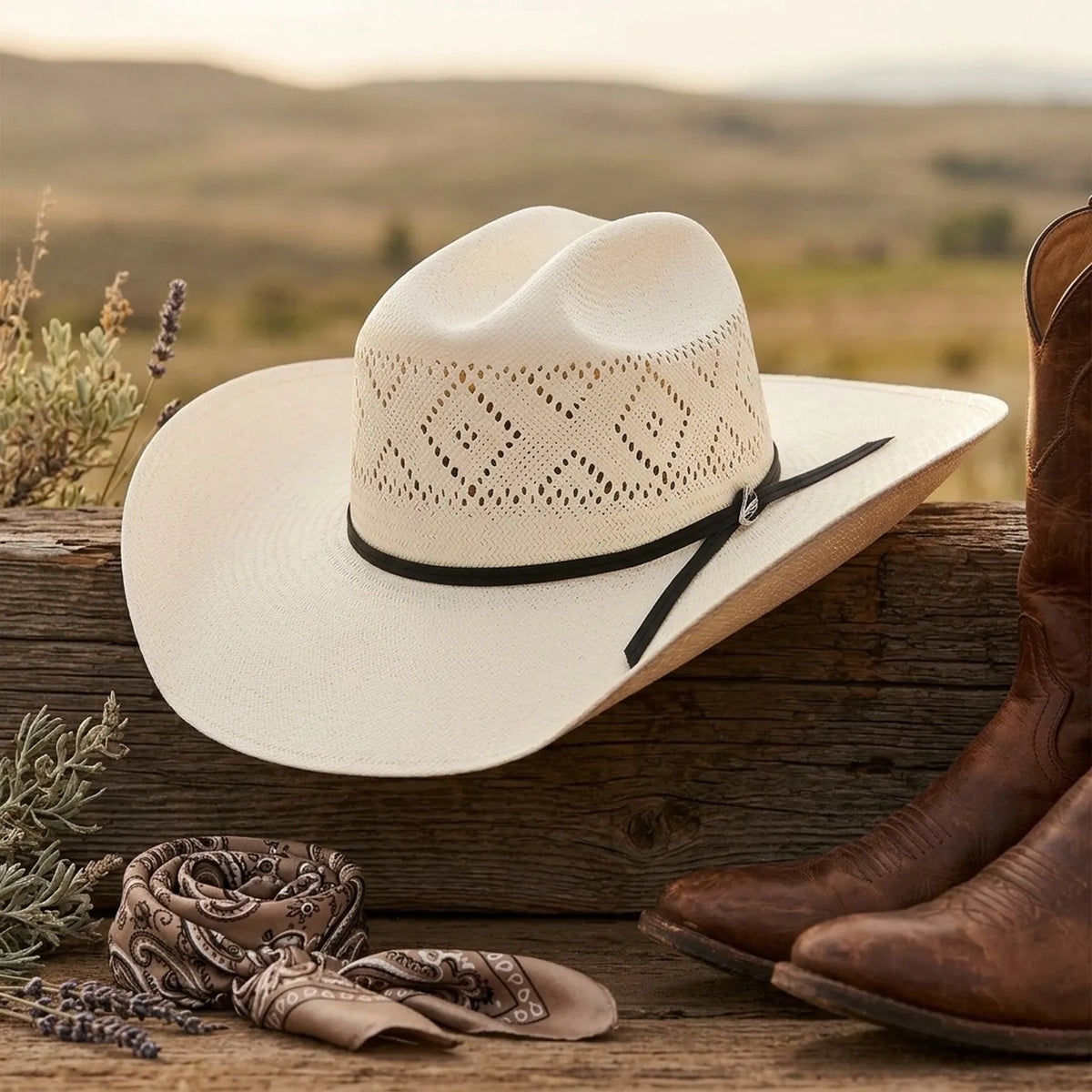 Cream Straw Cowboy Hat with Vented Diamond Crown Pattern