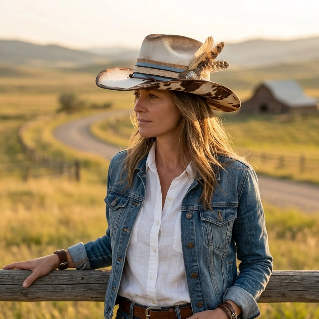 Cream Cow-Print Western Hat with Wheat Stalk and Concho