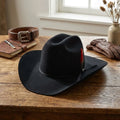 Black Wool Felt Cowboy Hat with Ribbon Band and Feather Detail