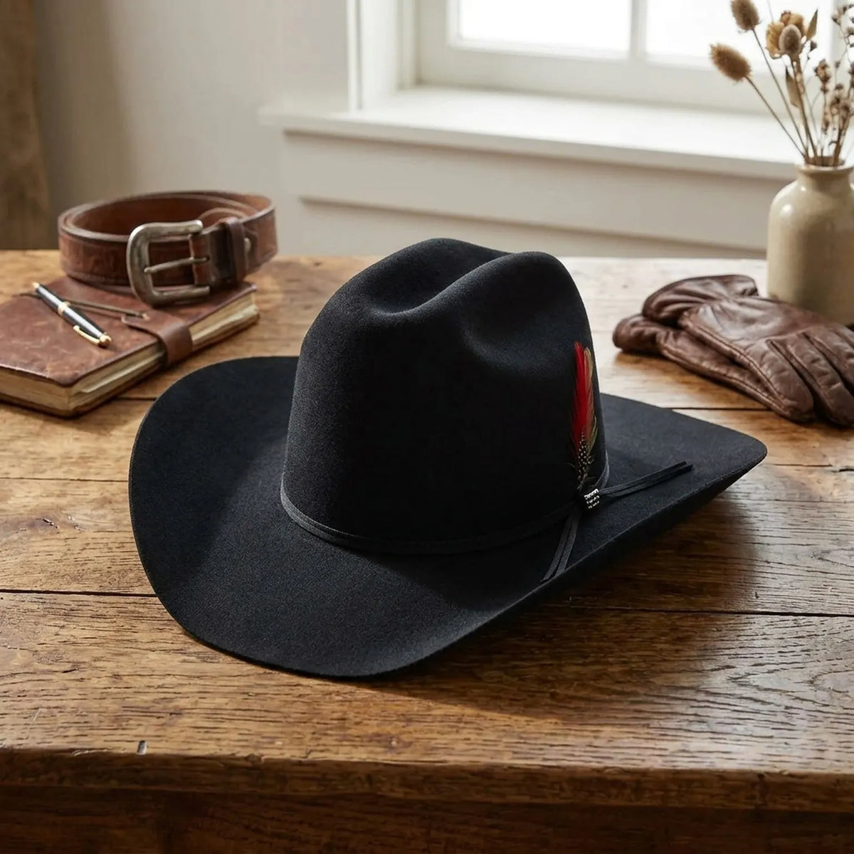 Black Wool Felt Cowboy Hat with Ribbon Band and Feather Detail
