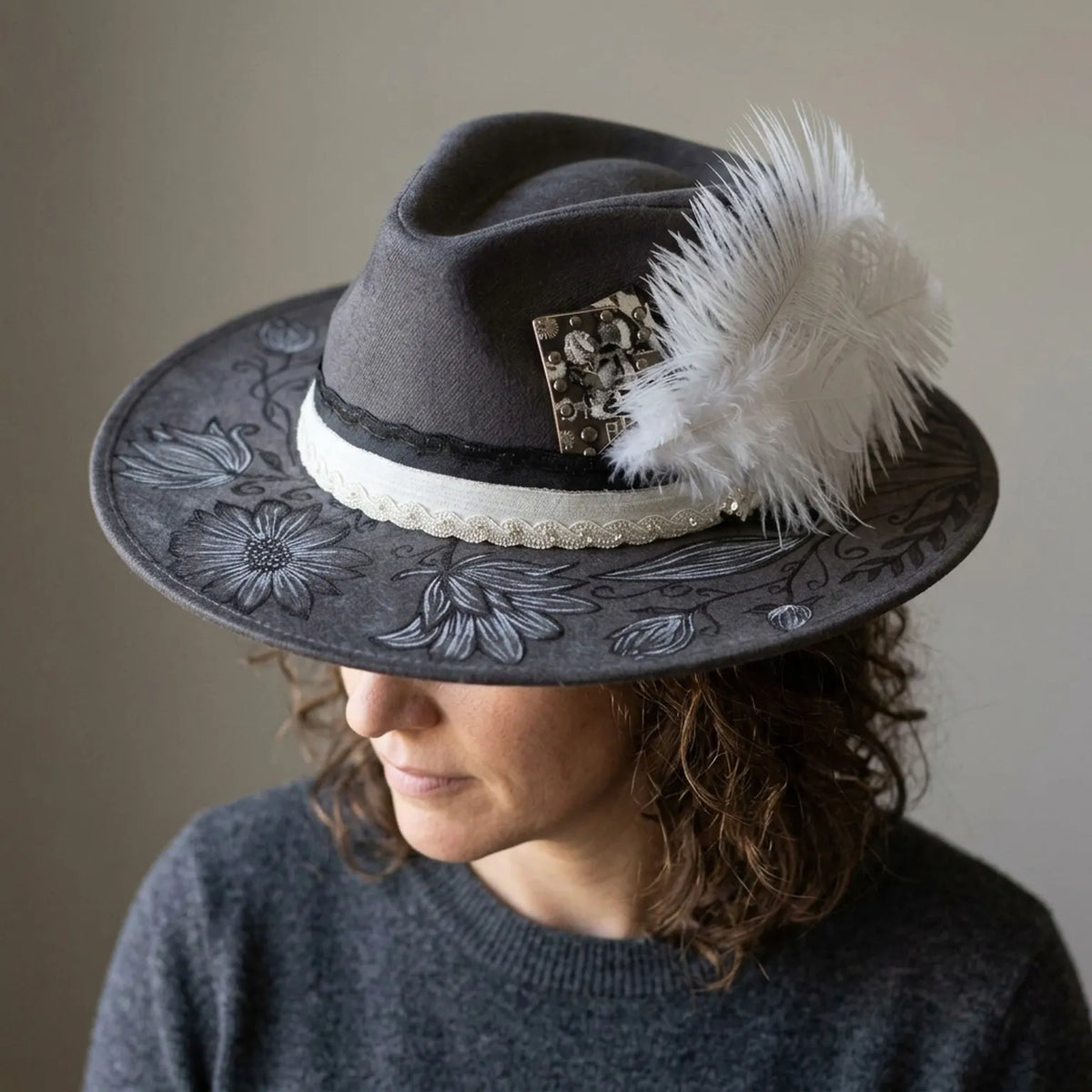 Gray Flocked Fedora Hat with Floral Brim Print and Feather