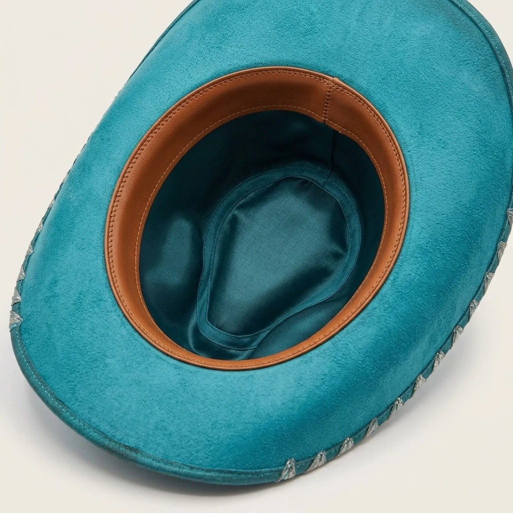 Turquoise Felt Western Hat with Leather Leaf and Aztec Band