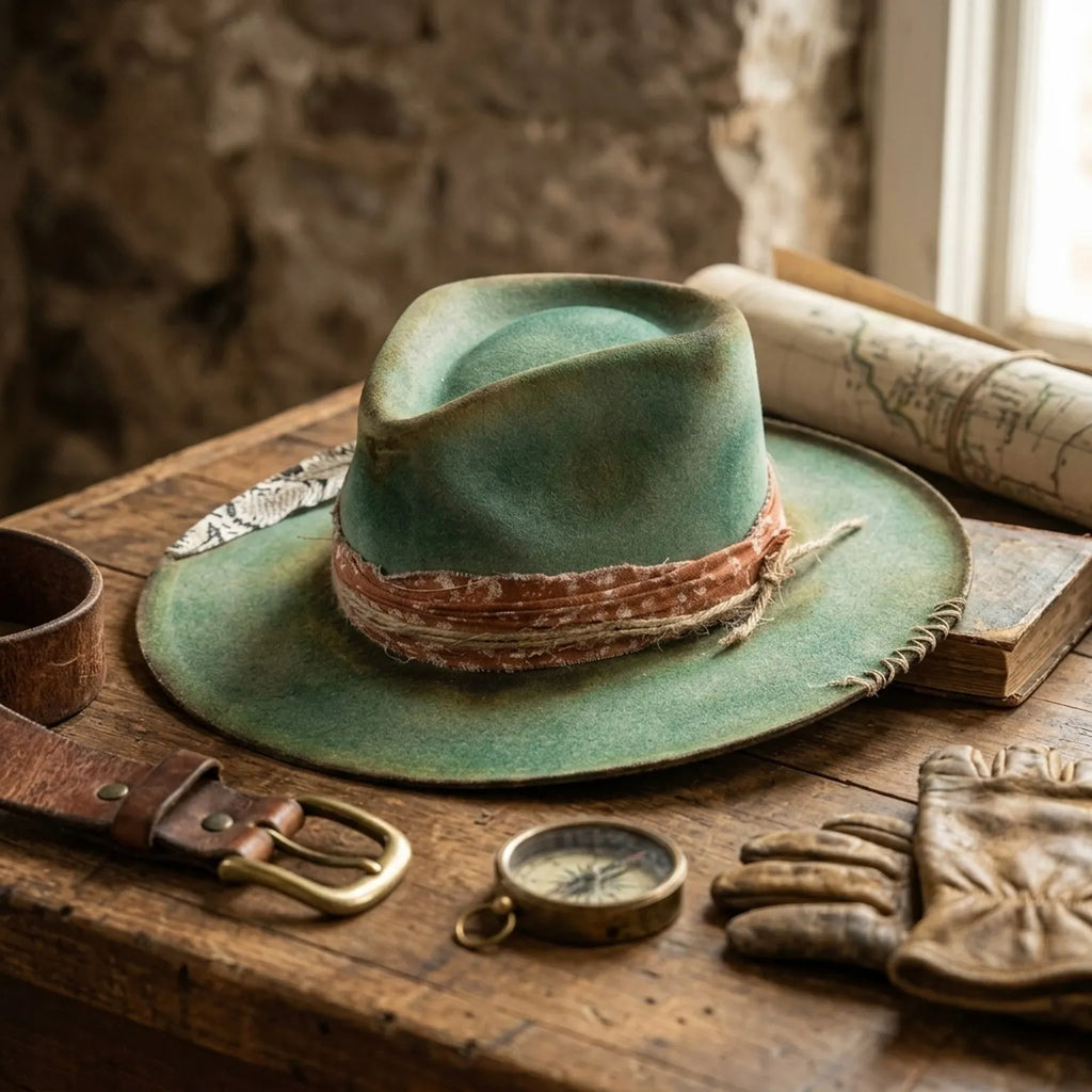 Moss Green Felt Fedora with Patterned Band and Wire Brim