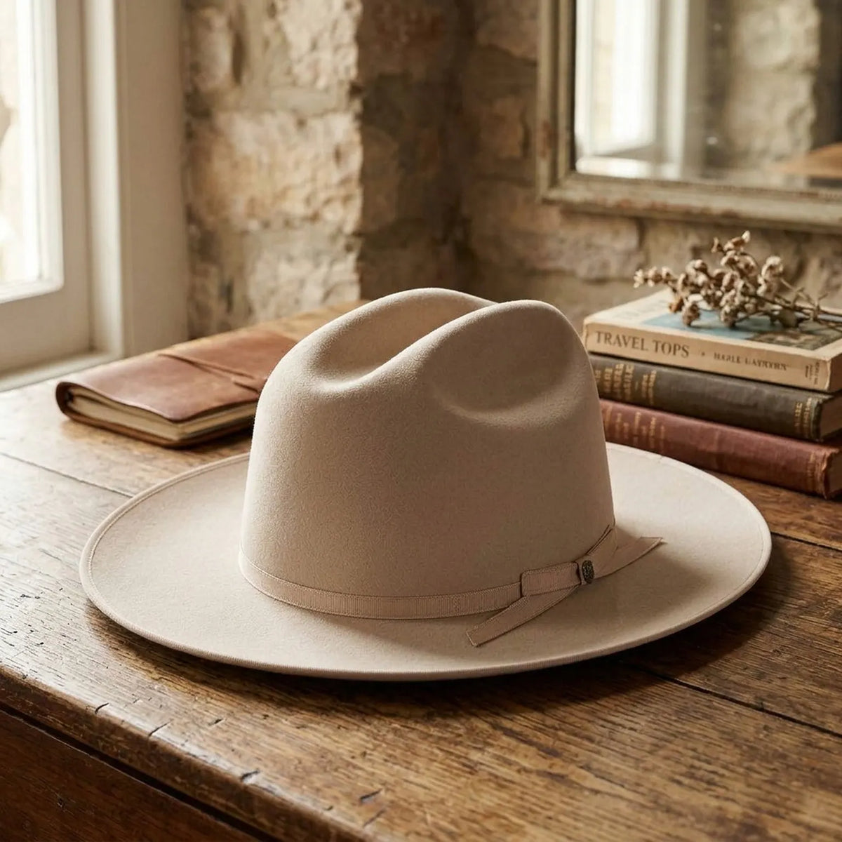 Ivory Wool Felt Western Hat with Band Strap and Pin