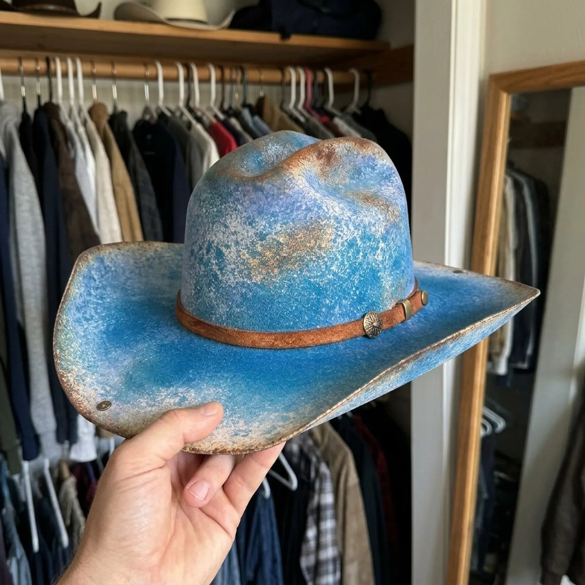 Distressed Sky Blue Cowboy Hat with Leather Band and Concho