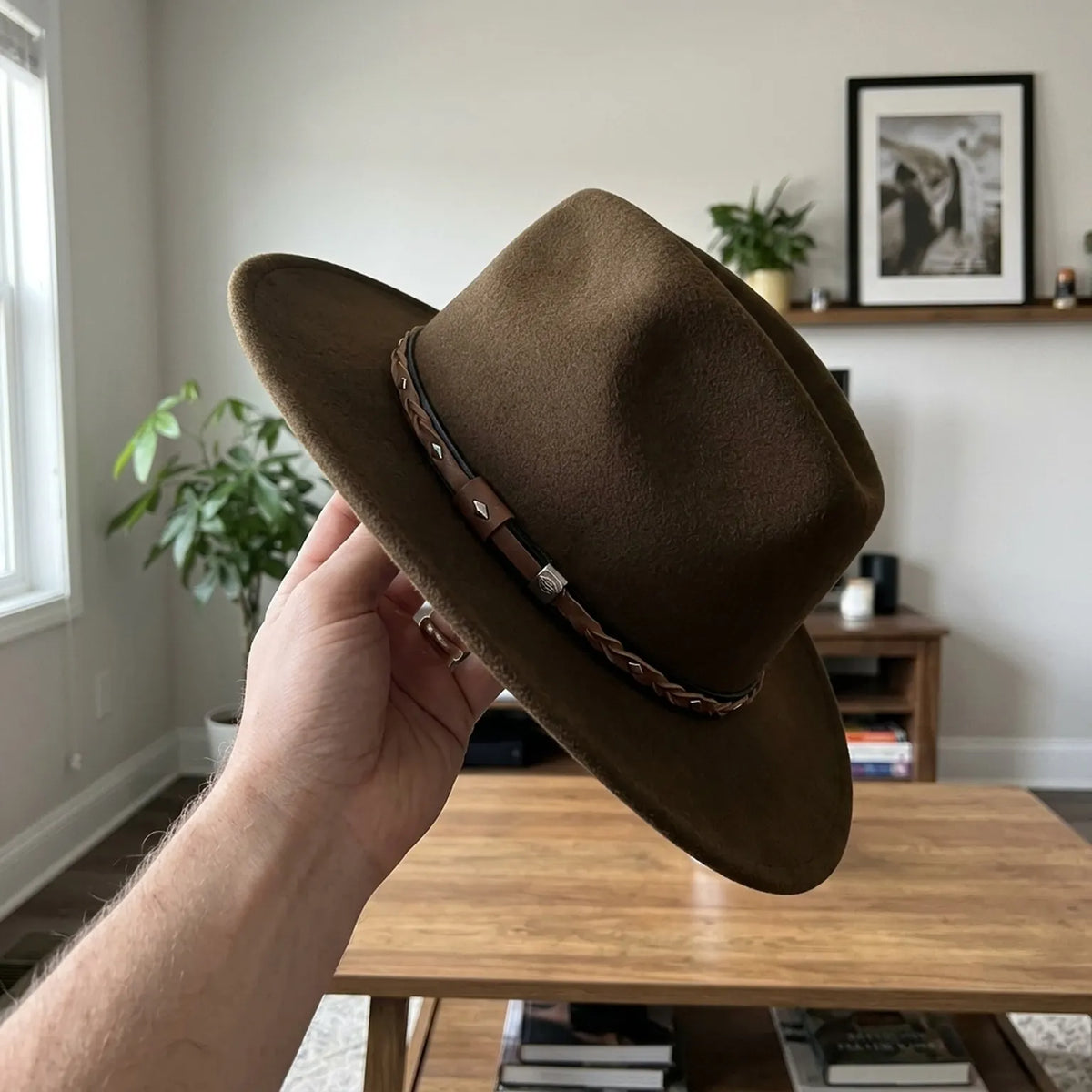 Brown Wool Felt Western Hat with Braided Leather Stud Band