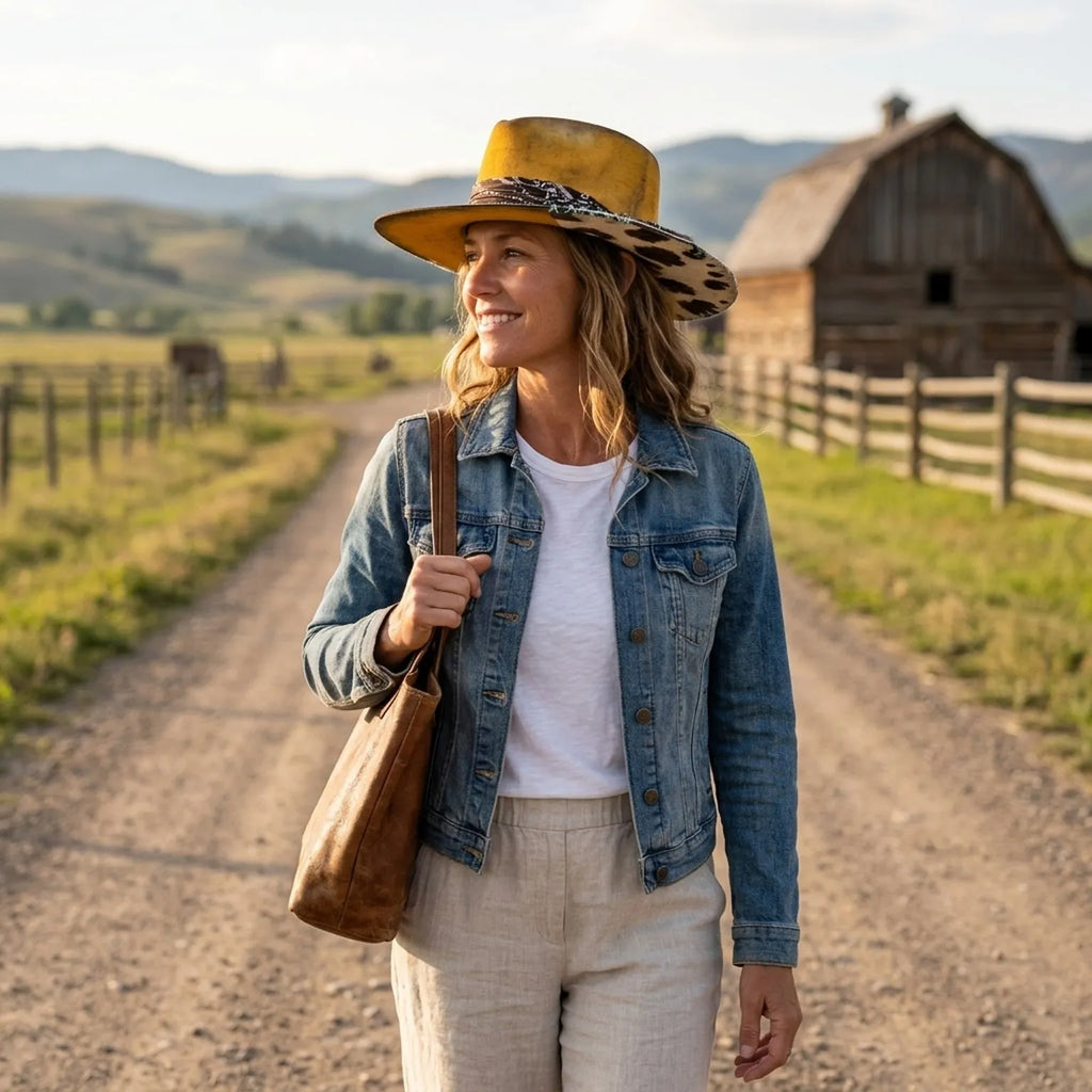 Yellow Western Hat with Cow Print Patch and Paisley Bandana Band