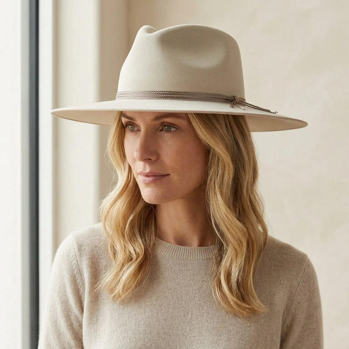 Cream Wool Felt Fedora with Chain Braided Band and Tasseled Tie