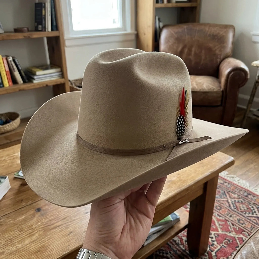 Tan Wool Felt Cowboy Hat with Feather Accent Ribbon Band