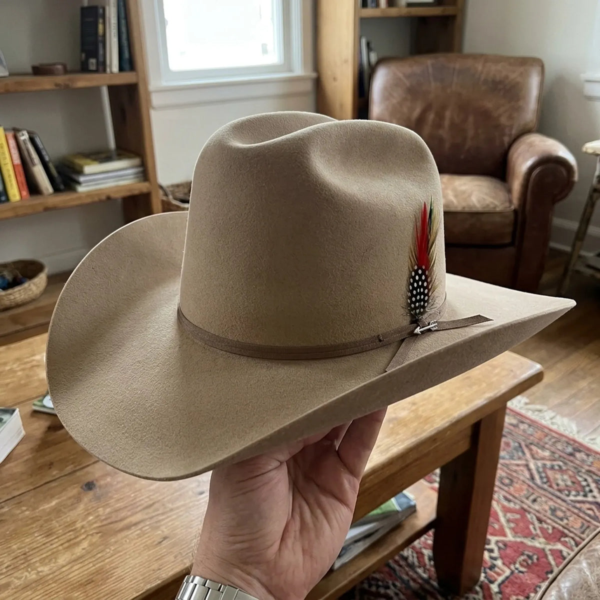 Tan Wool Felt Cowboy Hat with Feather Accent Ribbon Band