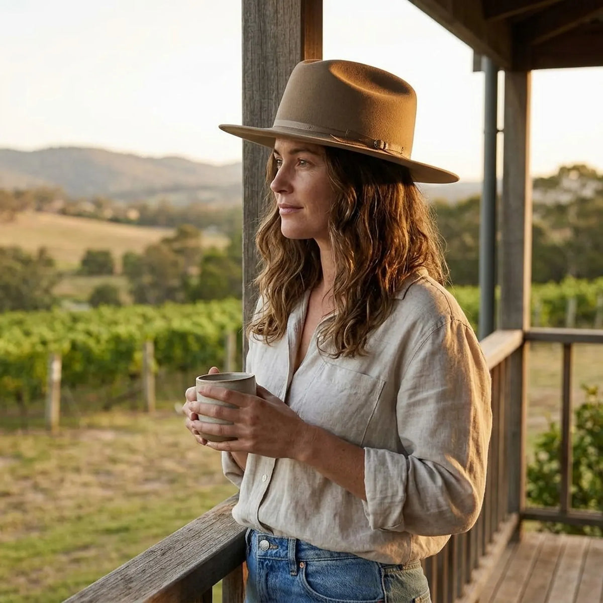 Tan Felt Fedora Hat with Grosgrain Ribbon Band Detail
