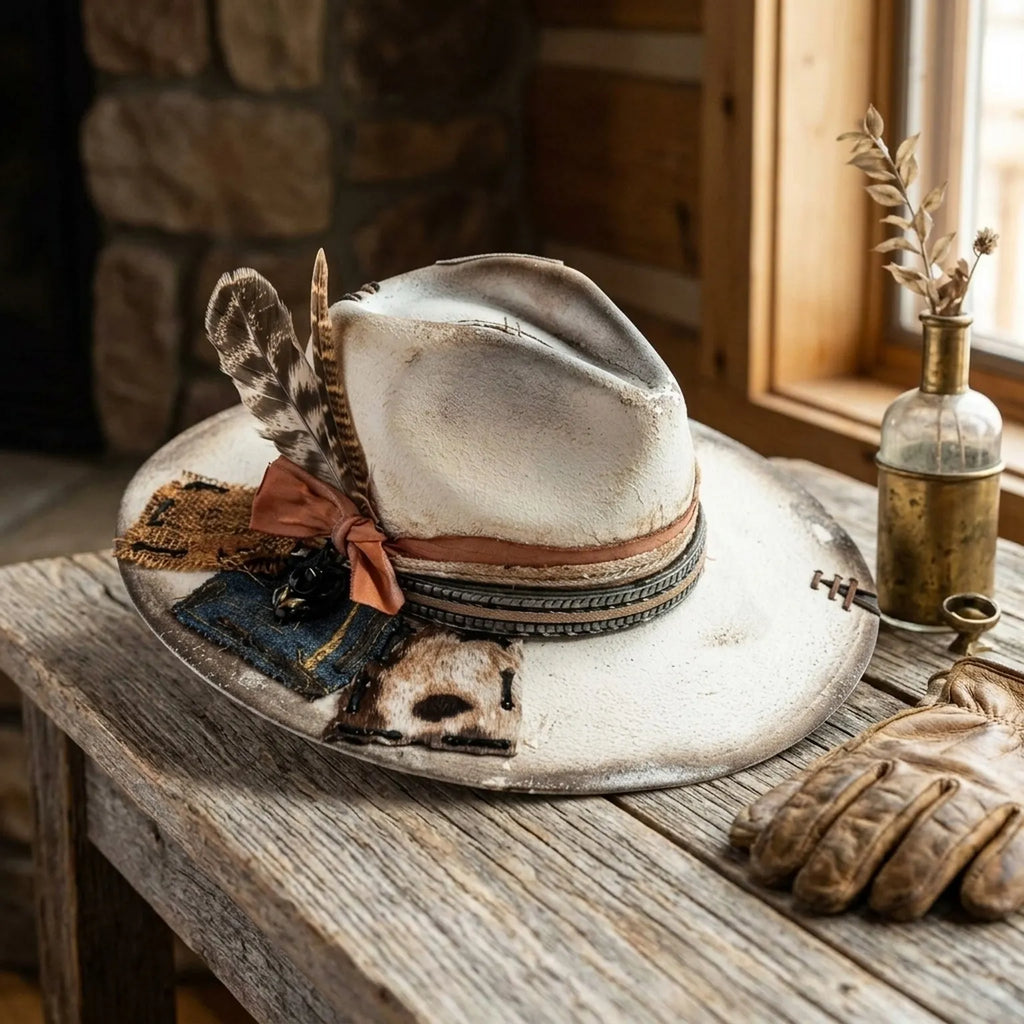 Distressed Cream Fedora Patchwork Feathers Ribbon Boho Vintage Hat
