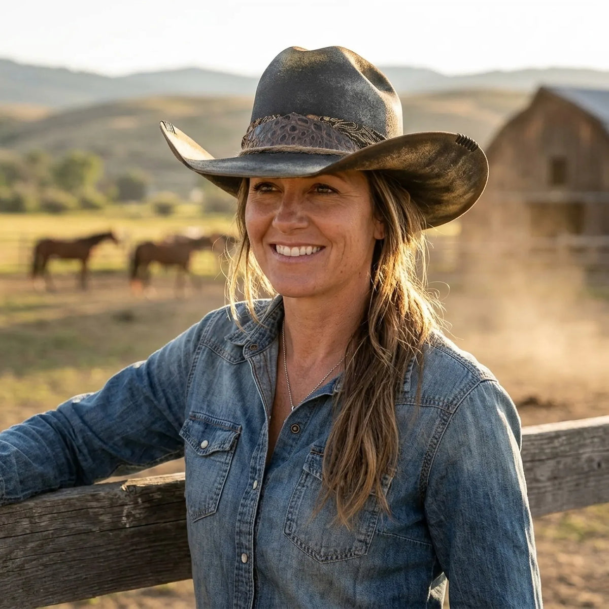 Aged Black Cowboy Hat with Patterned Band and Side Stitching