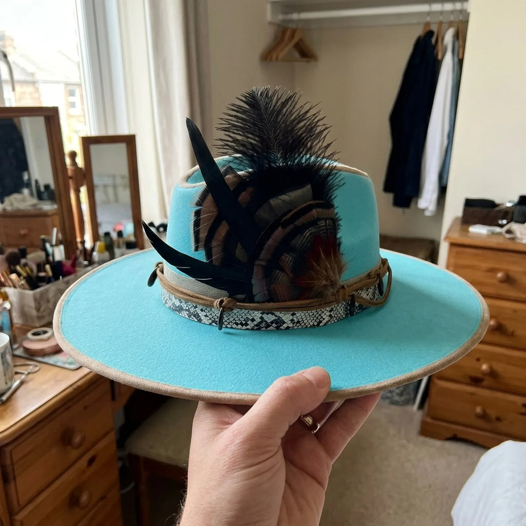 Turquoise Felt Western Hat with Feather Accent and Snake Band