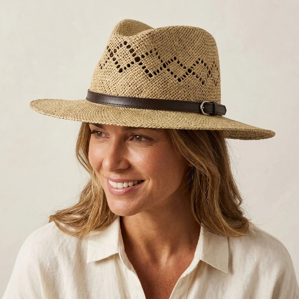 Natural Straw Sun Hat with Open Weave Crown and Wide Brim