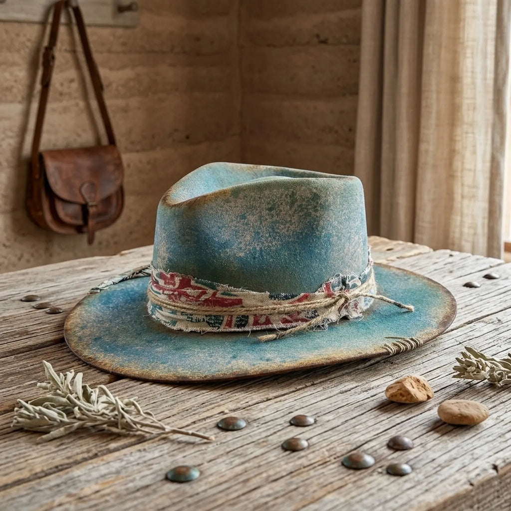 Distressed Teal Felt Western Hat with Patterned Band