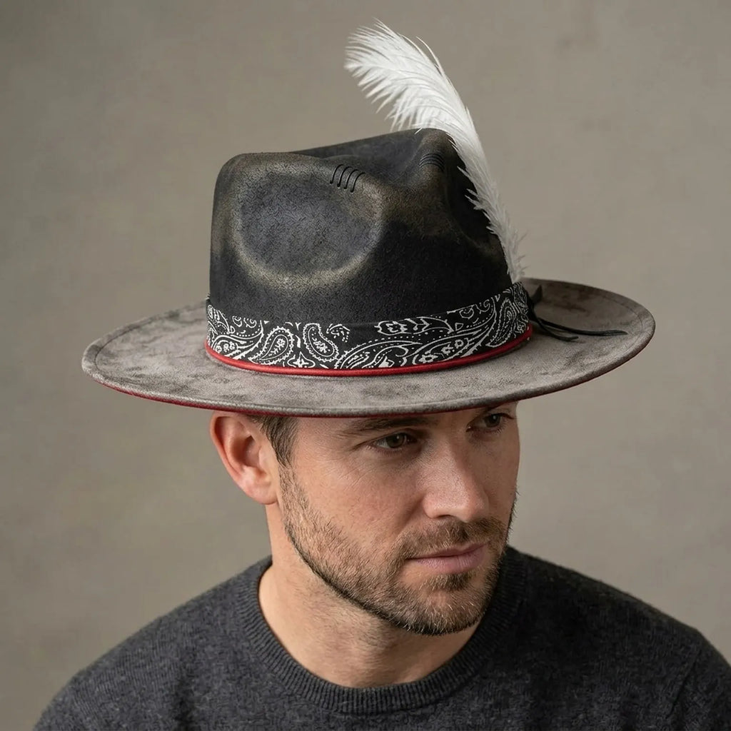 Two-Tone Black and Gray Fedora Hat with Paisley Band