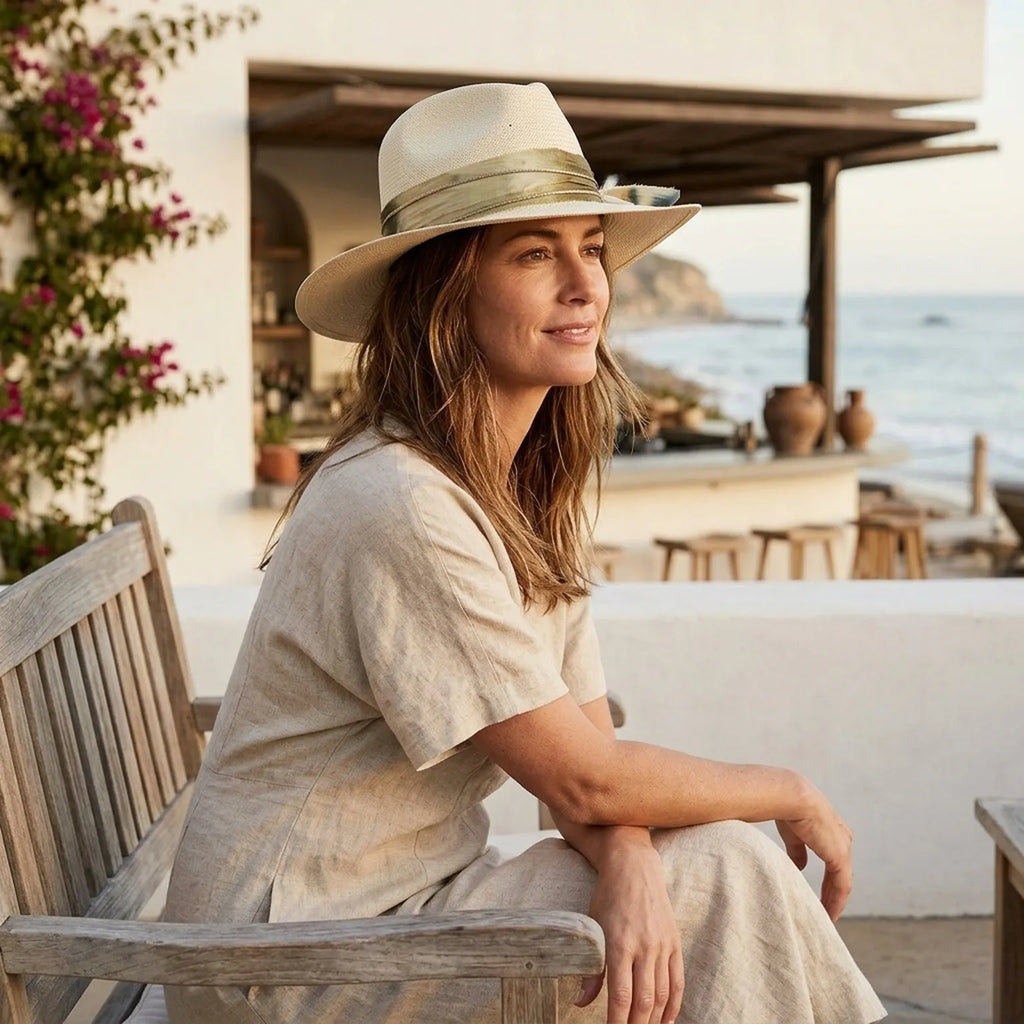 Unisex Cream Wide Brim Sun Hat with Feather and Ribbon Band