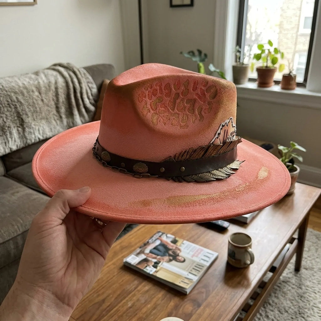 Coral Satin Fedora with Gold Leaf Print and Brass Chain