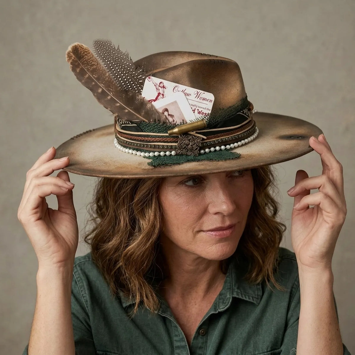 Tan Distressed Fedora with Feather, Pearls, and Vintage Card Accent