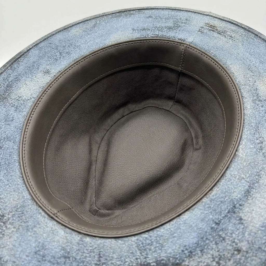 Blue Grey Distressed Felt Fedora with Denim Patch Bandana