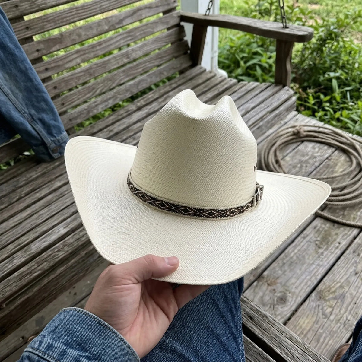 Ivory Straw Western Hat with Geometric Patterned Woven Band