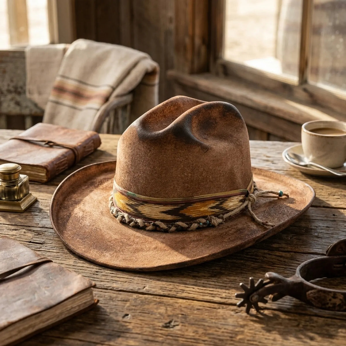 Boho Western Hat with Ikat Woven Band and Braided Trim