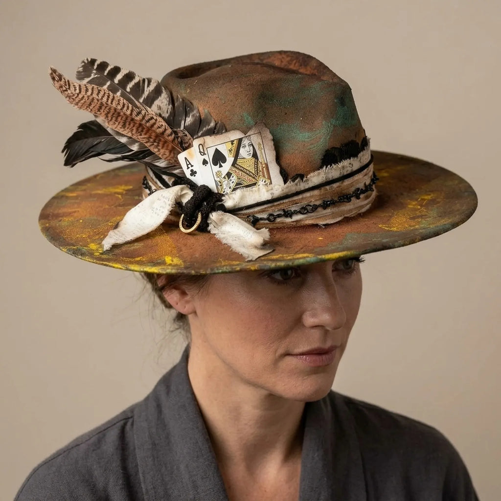 Mixed-Media Brown Fedora with Cards, Pearls, and Feather Cluster