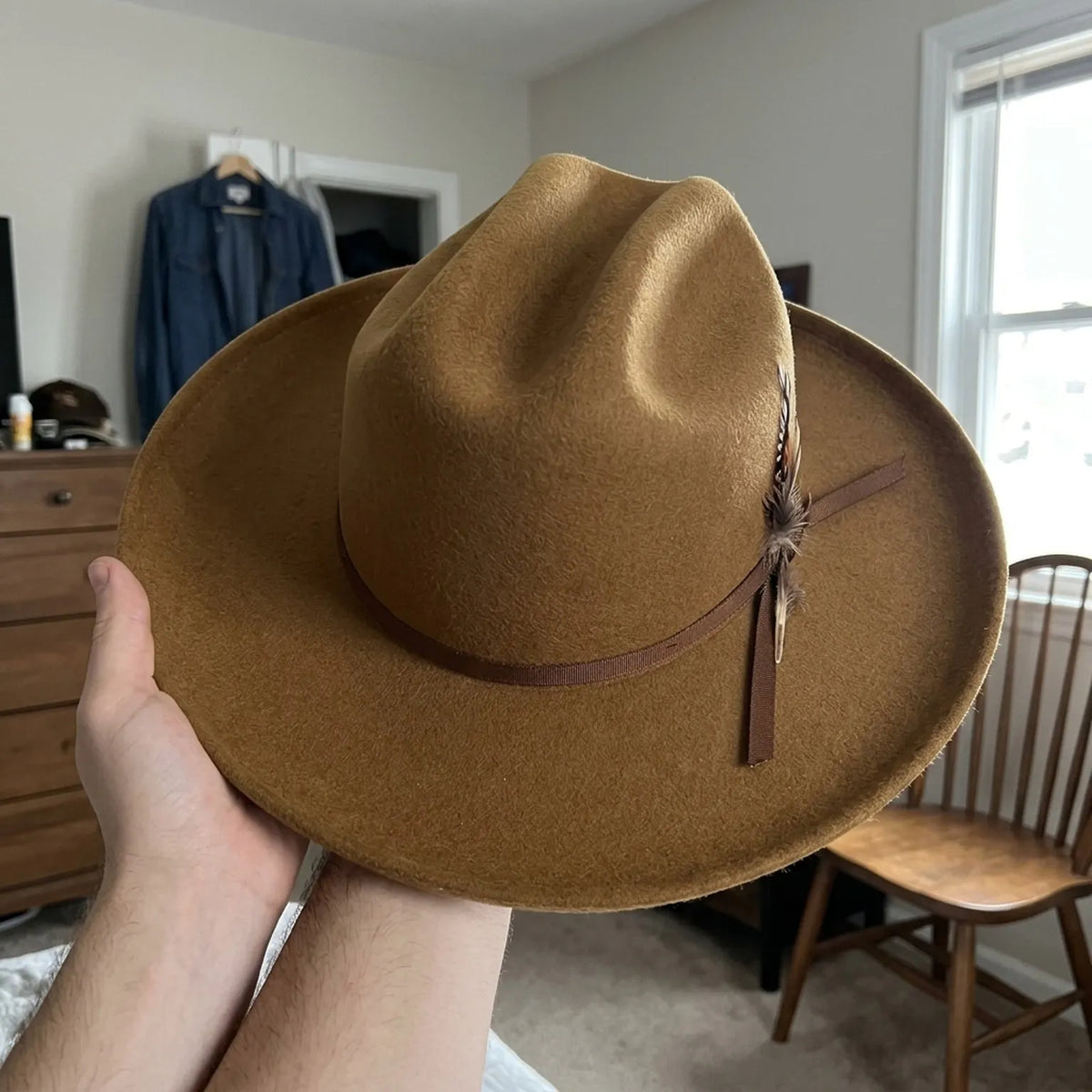 Unisex Mustard Wool Felt Western Hat with Feather Band