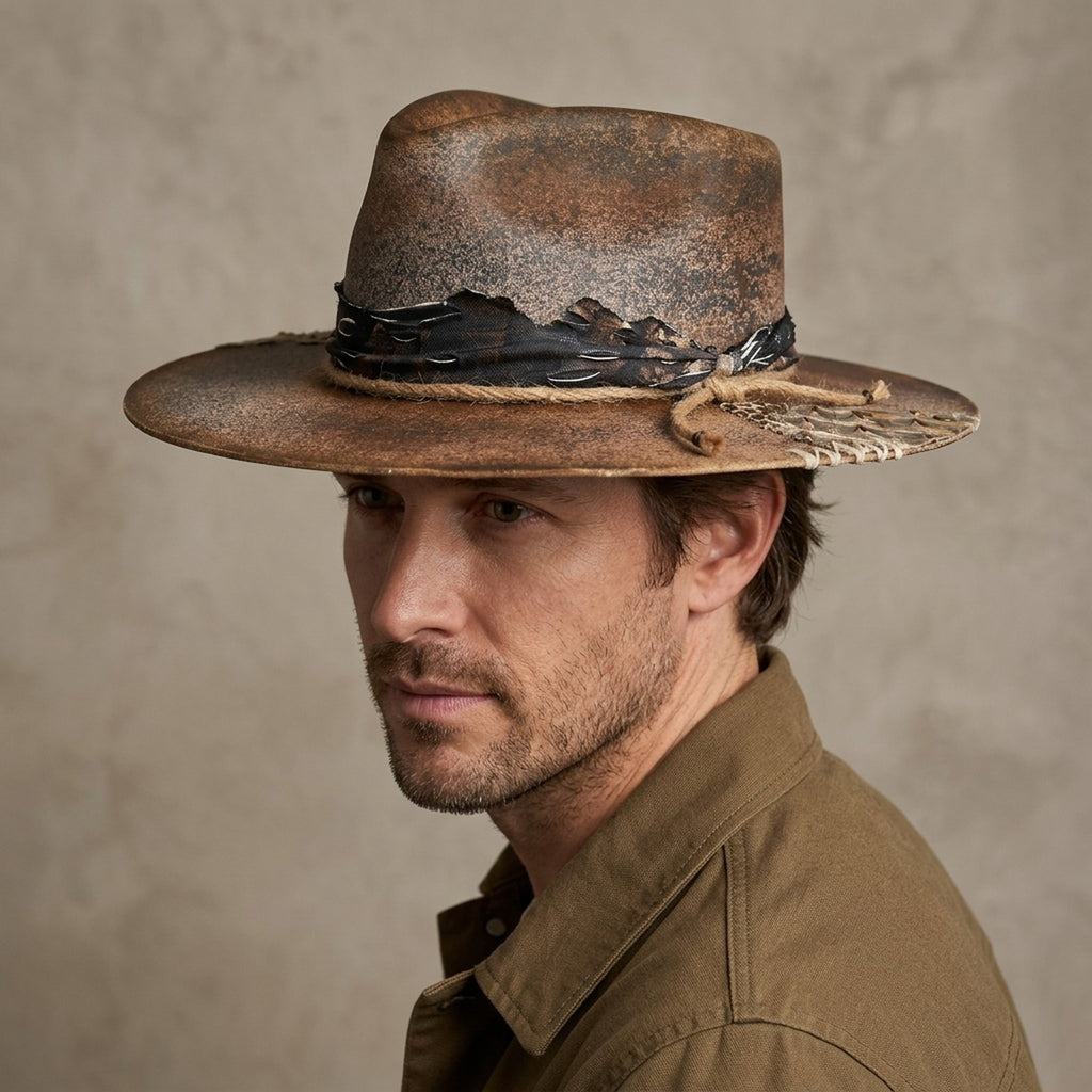Brown Distressed Felt Western Hat with Snake Print Band