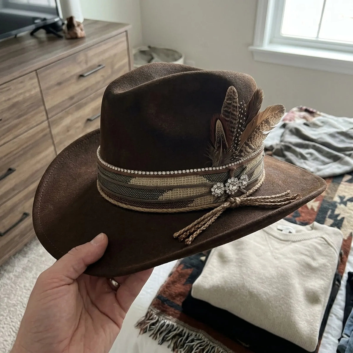 Distressed Brown Felt Fedora with Sequin Band and Feather Accents