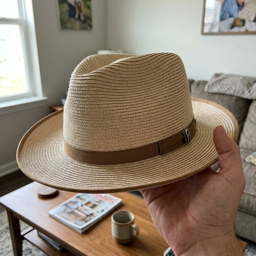 Tan Straw Fedora Hat with Brown Grosgrain Ribbon Band and Bow