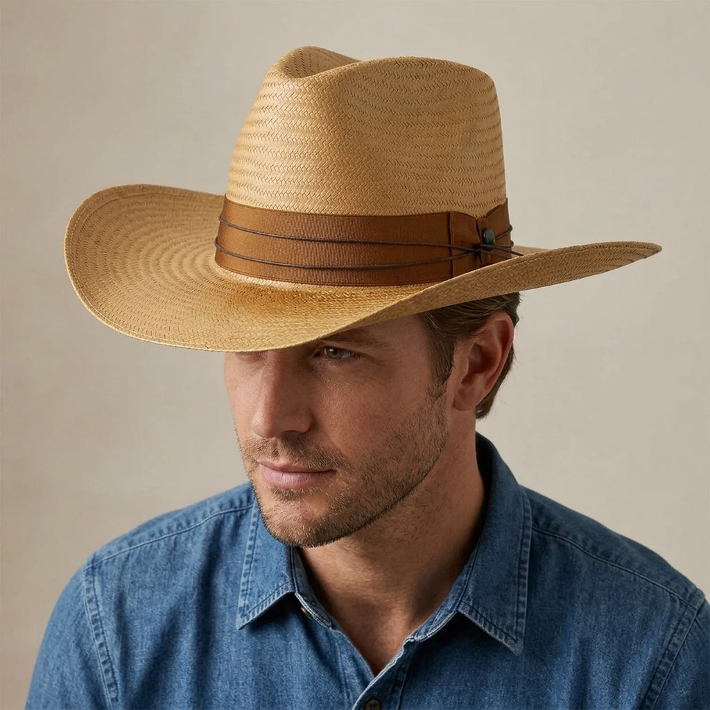 Tan Straw Floppy Sun Hat with Chin Tie and Wide Brim
