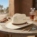 Unisex White Straw Western Hat with Leather Band and Brim Snaps