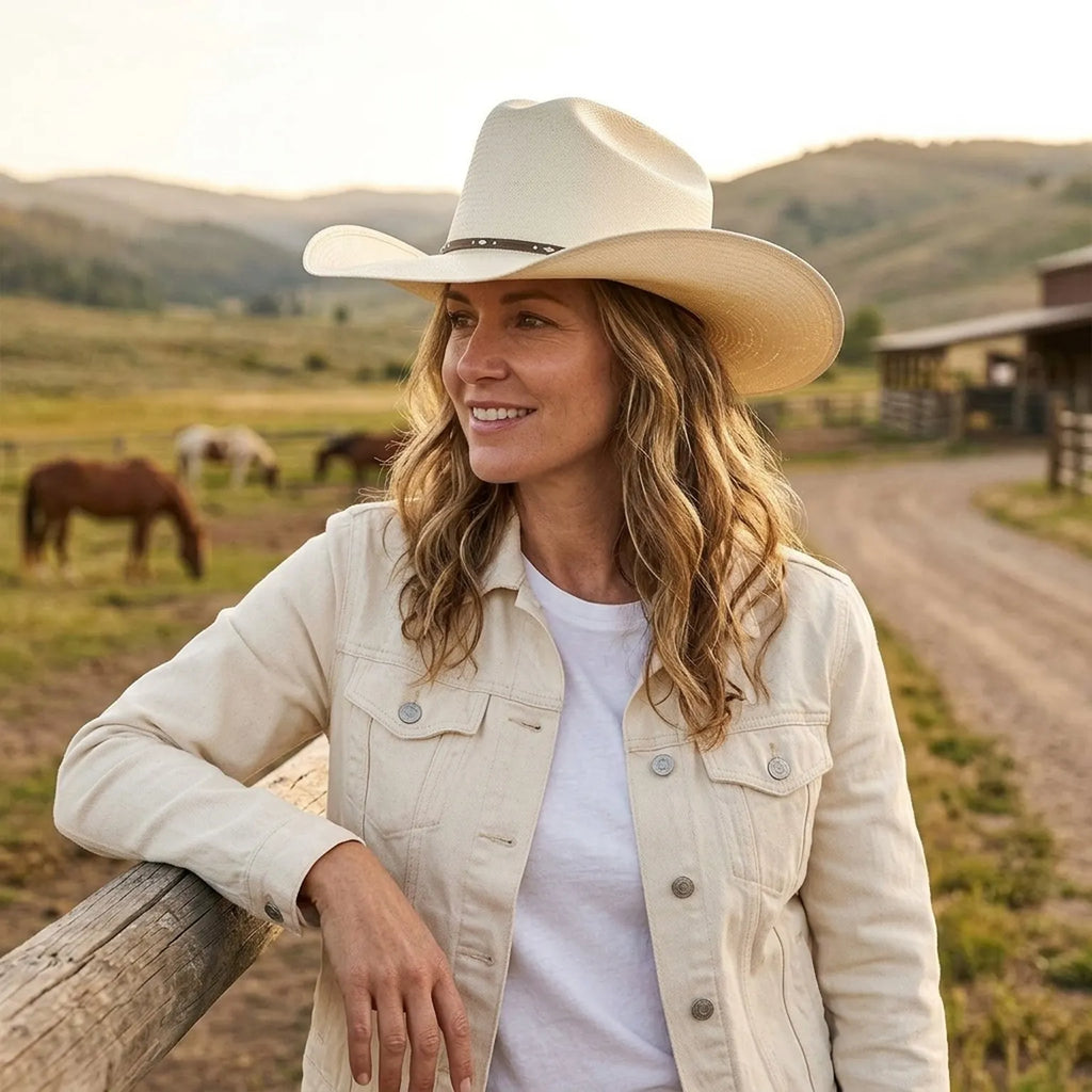 Cream Straw Cowboy Hat with Metallic Studded Slim Leather Band